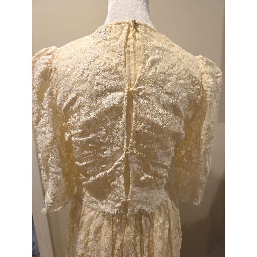 Geri NY Vtg Ivory Lace Midi Dress 14 Lord & Taylor Coquette Bridal Puff Sleeve - Picture 12 of 14